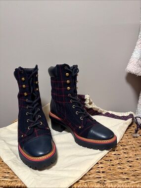 Tory Burch Navy and Red Plaid Lace-Up Combat Boots